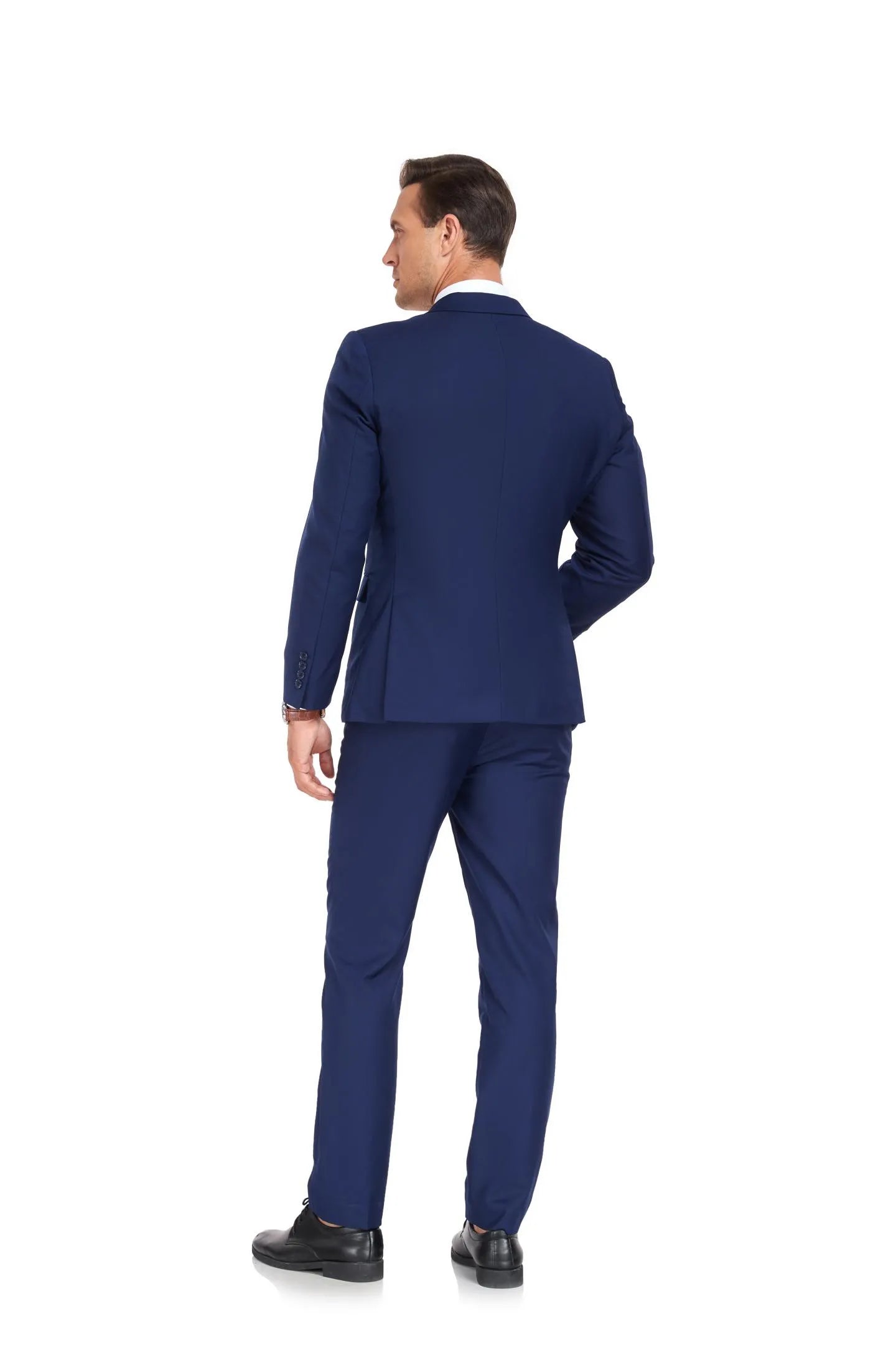 navy blue two button 2 piece men's suit paired with black shoes, everyday elegant style