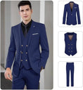 Load image into Gallery viewer, navy blue men's double-breasted 3 piece suit – slim fit formal wear with gold buttoned vest, tailored blazer and matching trousers