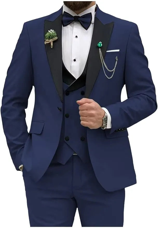 navy blue slim fit tuxedo suit for prom with chain and boutonniere