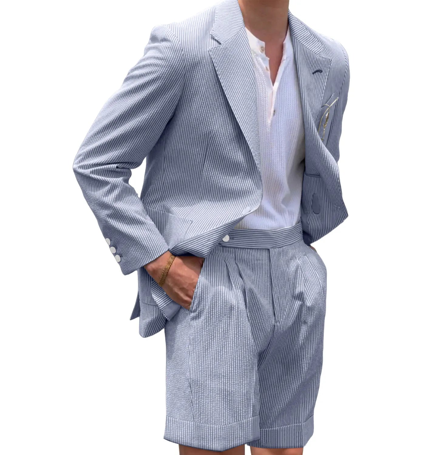 Navy blue striped seersucker shorts suit for men – casual 2 piece summer outfit with blazer