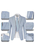 Load image into Gallery viewer, Navy blue-and-white seersucker blazer showing its pockets, lapels, and textured fabric.