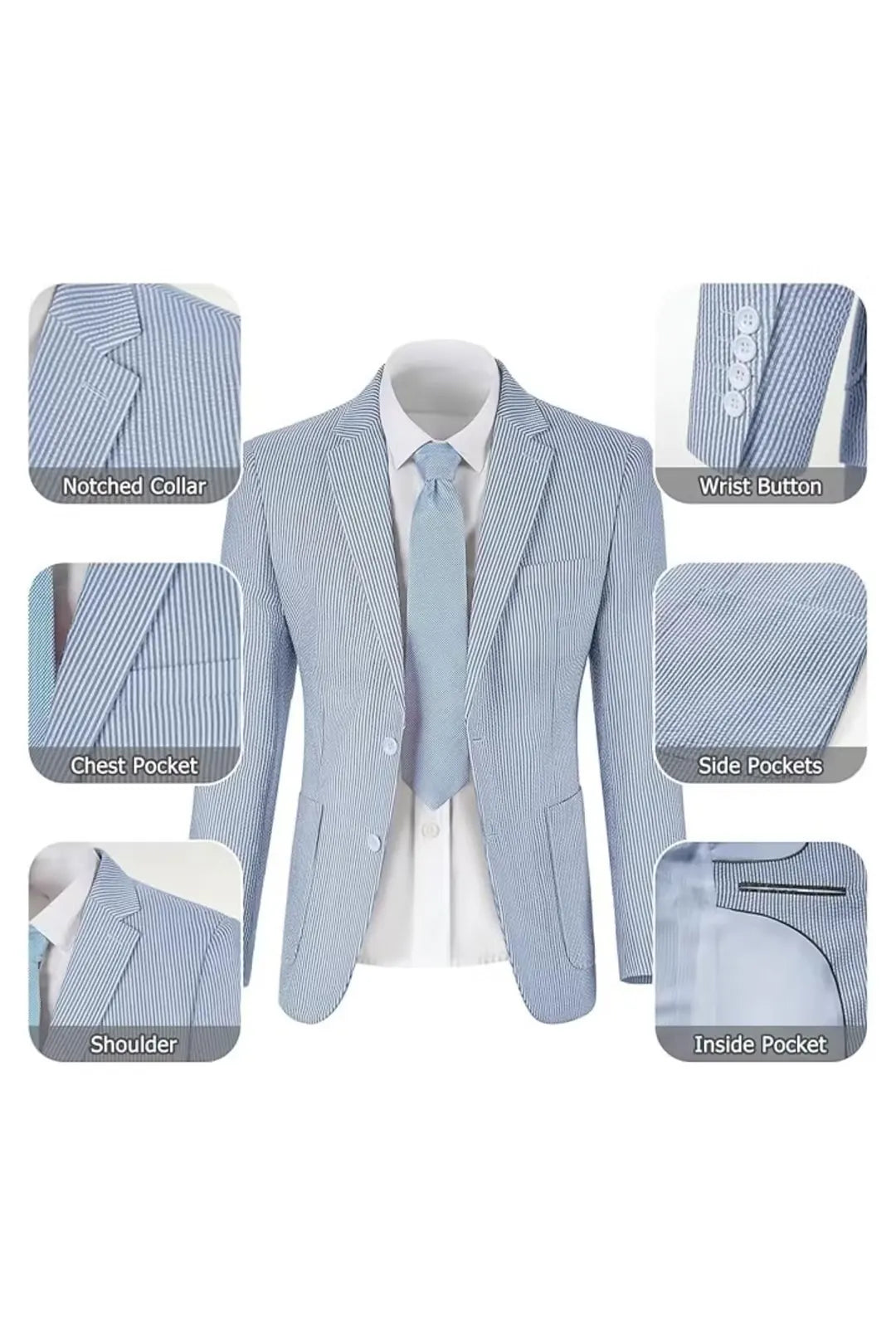 Navy blue-and-white seersucker blazer showing its pockets, lapels, and textured fabric.