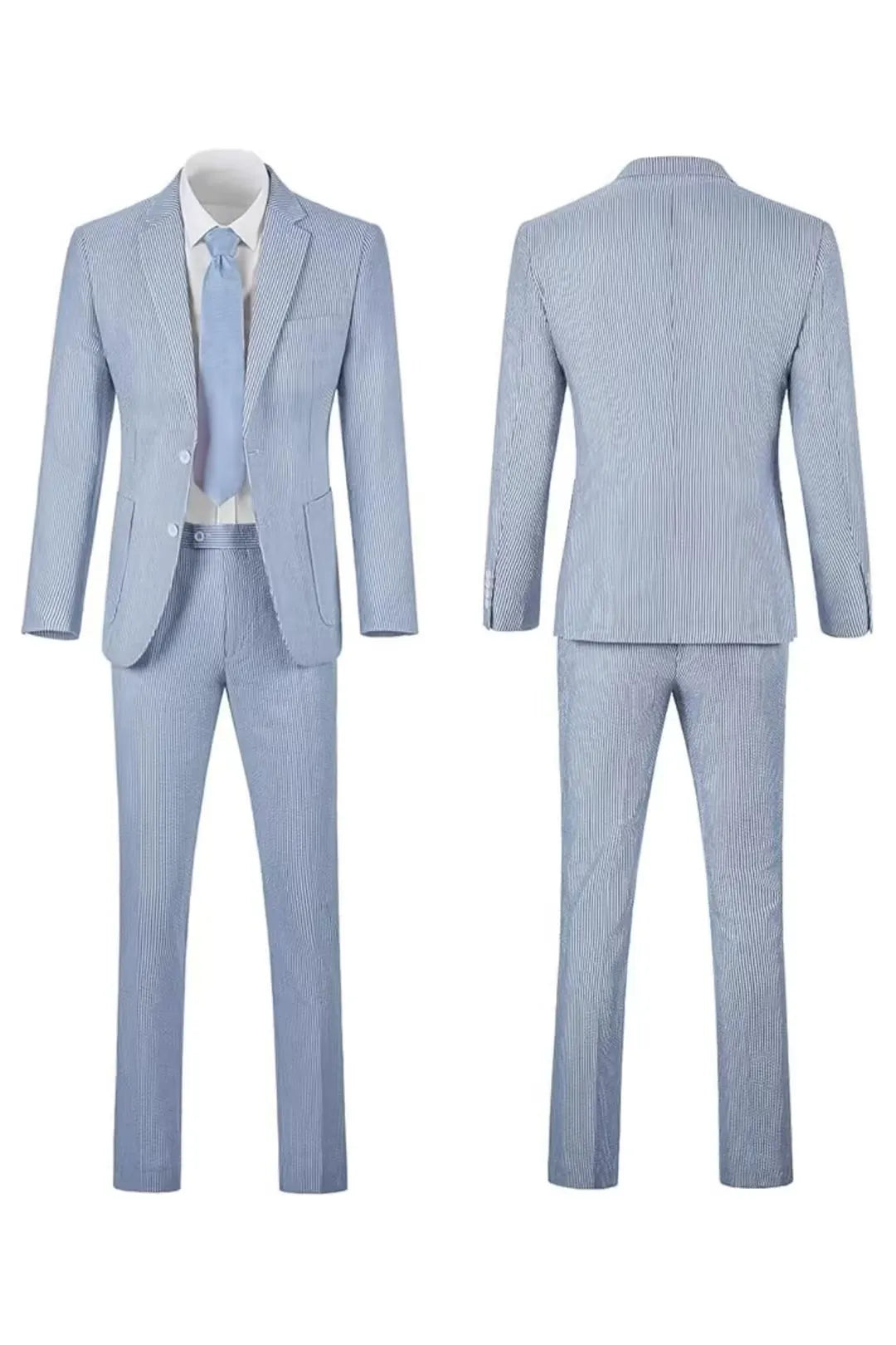Full front and back view of a men's navy blue-and-white striped seersucker blazer set.