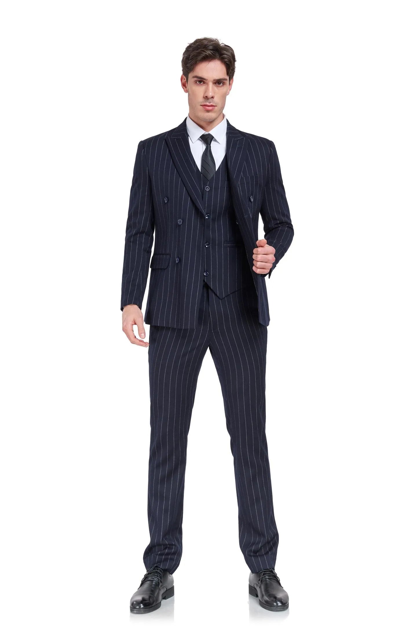 front view of men's navy chalk stripe 3 piece suit with bold vintage formal design, tailored peak lapel and double breasted blazer