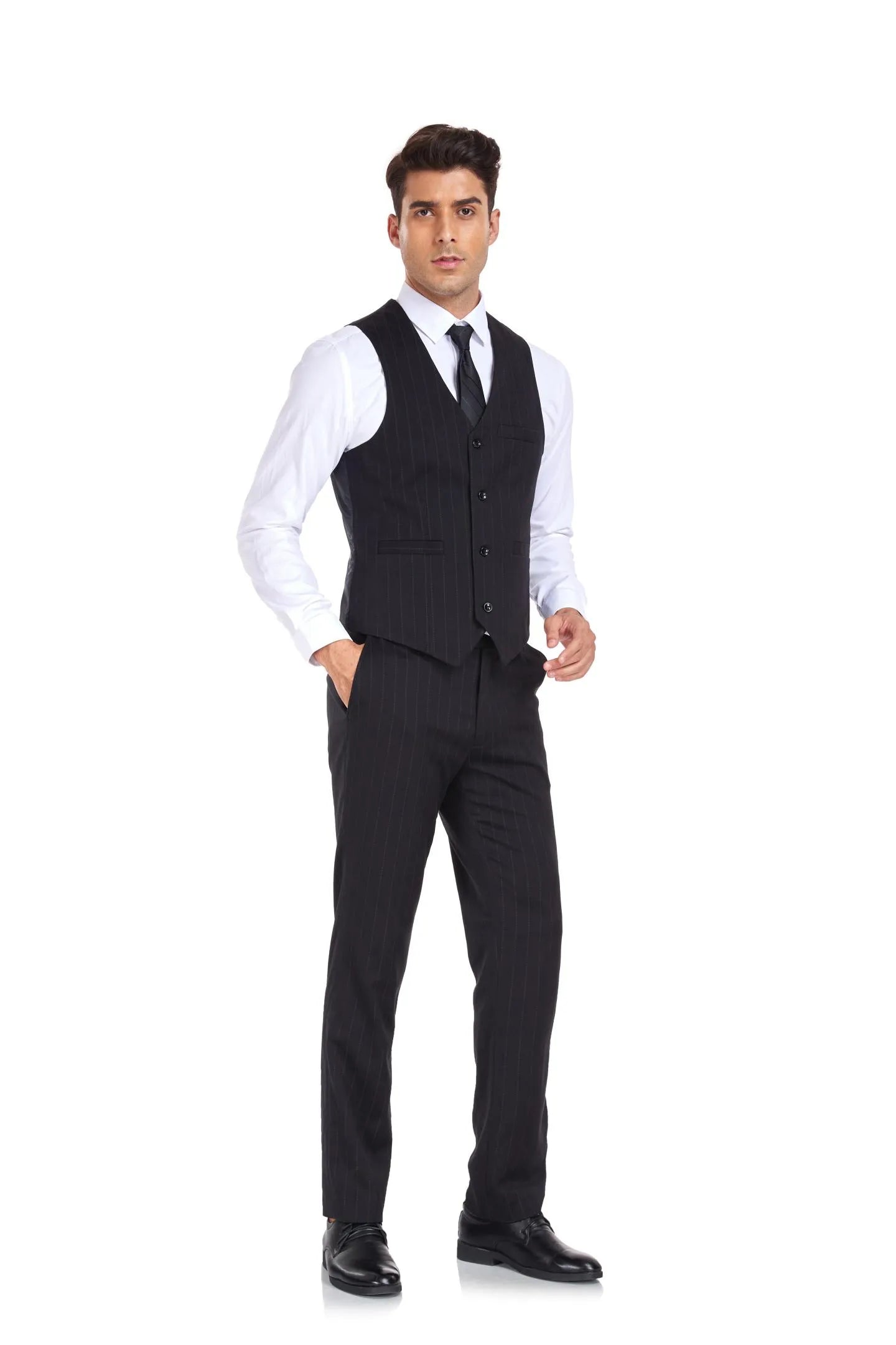 men's navy 3 piece formal suit with chalk stripes, featuring vest-only look and sharp silhouette