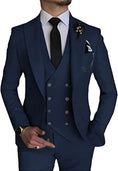 Load image into Gallery viewer, front view of men's navy double-breasted one-button 3 piece suit with slim fit blazer, vest and trousers for formal occasions
