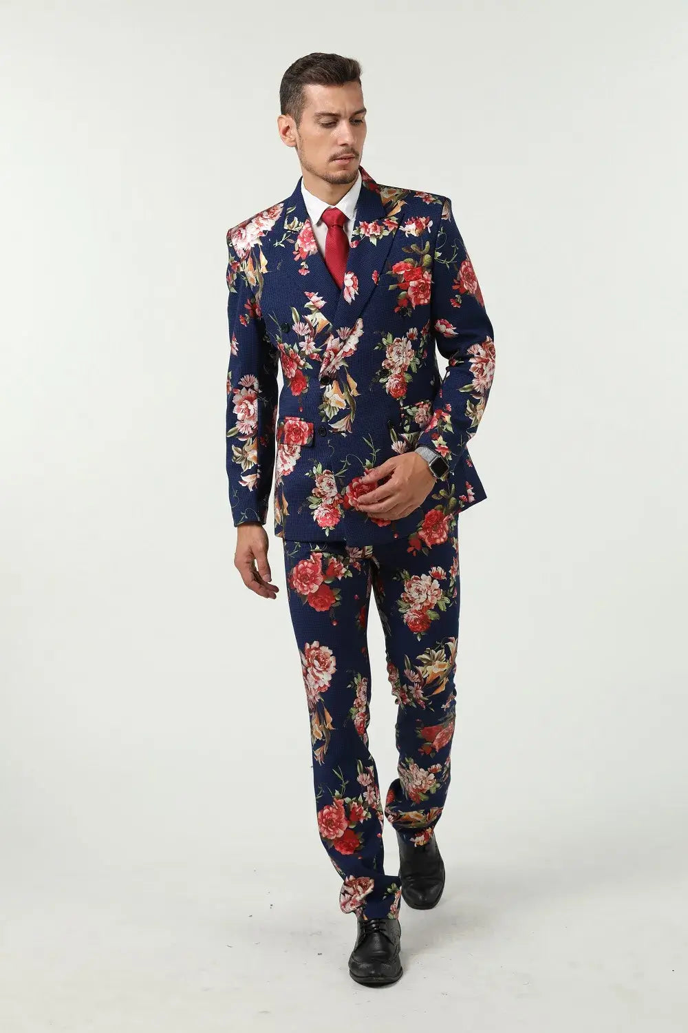 Men's navy floral suit 3 piece with black lapel blazer – stylish party-ready outfit