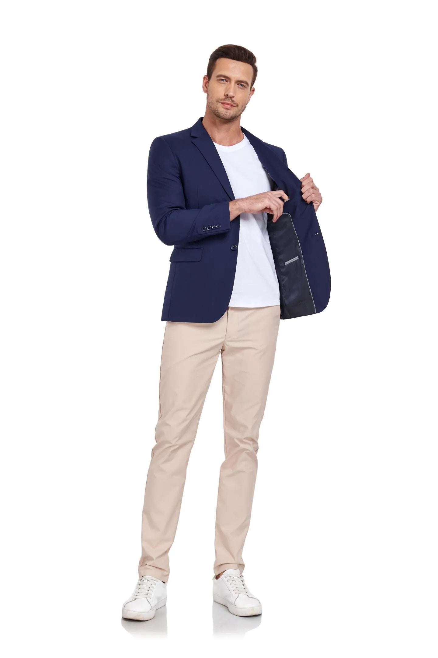 close-up of navy two-button blazer jacket with white pocket square and shirt – ideal for modern weddings.