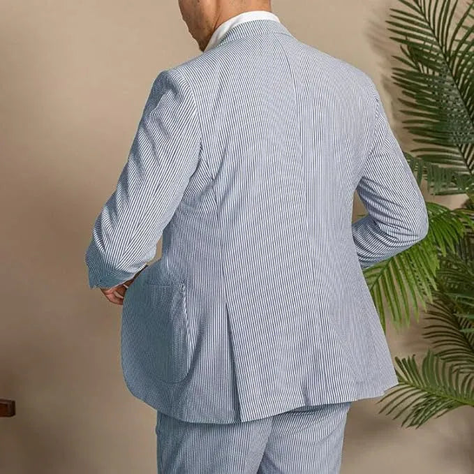 rear view of men's navy striped seersucker blazer from 2 piece summer shorts suit