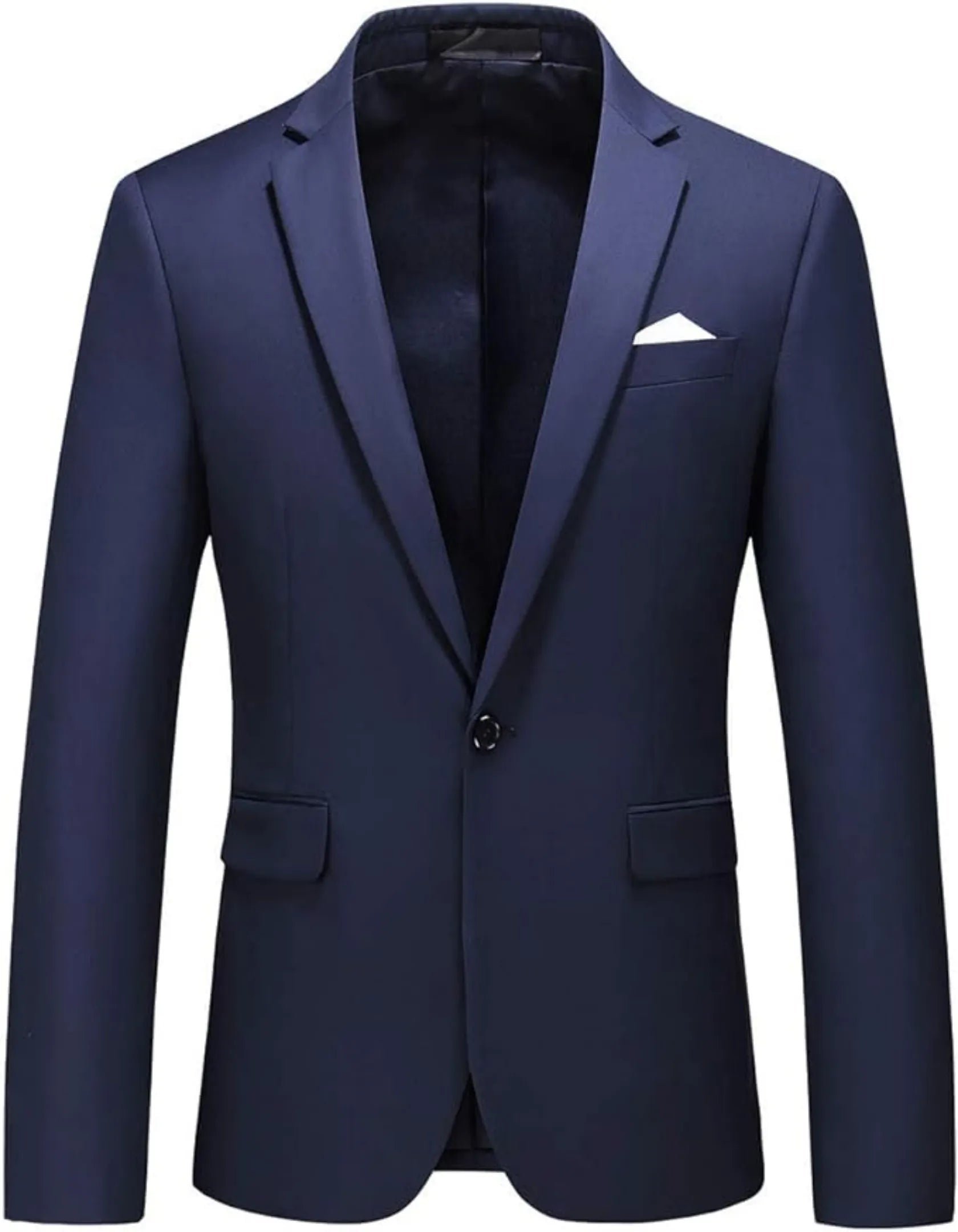 front view of men's navy single-breasted one button suit blazer, showcasing the clean lines, sleek design, and classic tailoring.