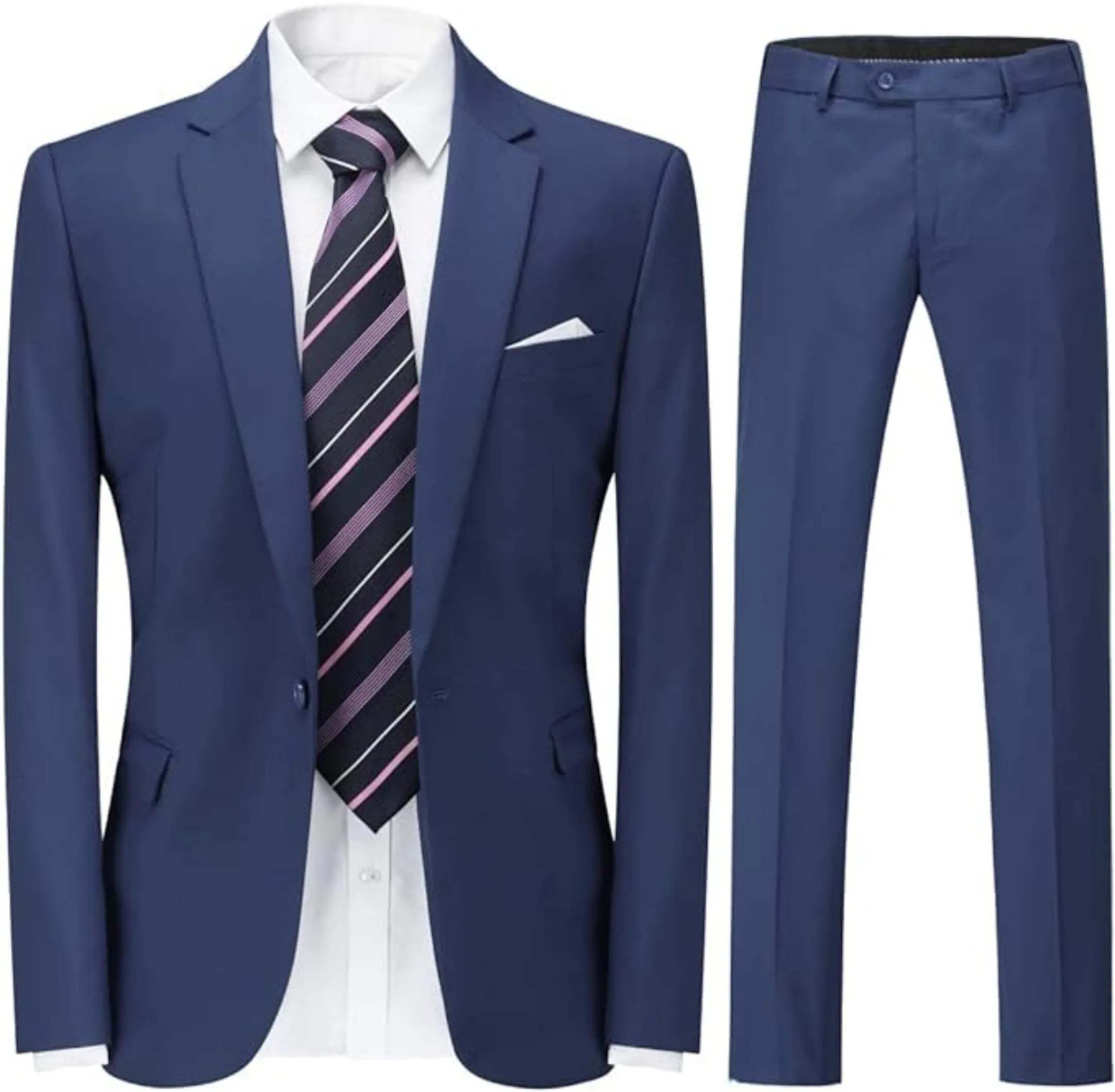front view of men's navy single-breasted one button suit, featuring a tailored blazer, striped tie, and matching trousers.