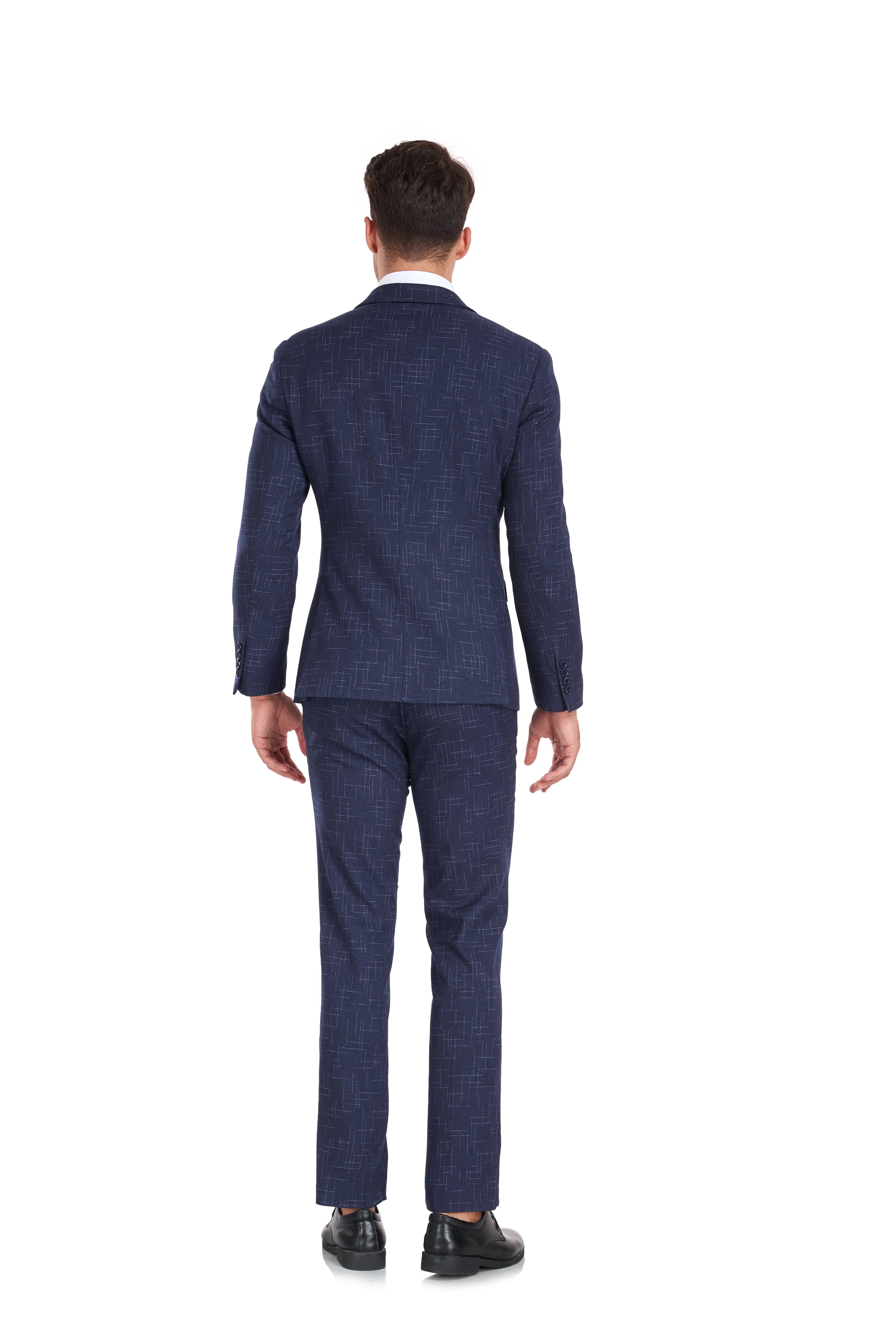 back view of navy slim fit 3 piece men's plaid suit with tailored fit, ideal for wedding receptions and business settings
