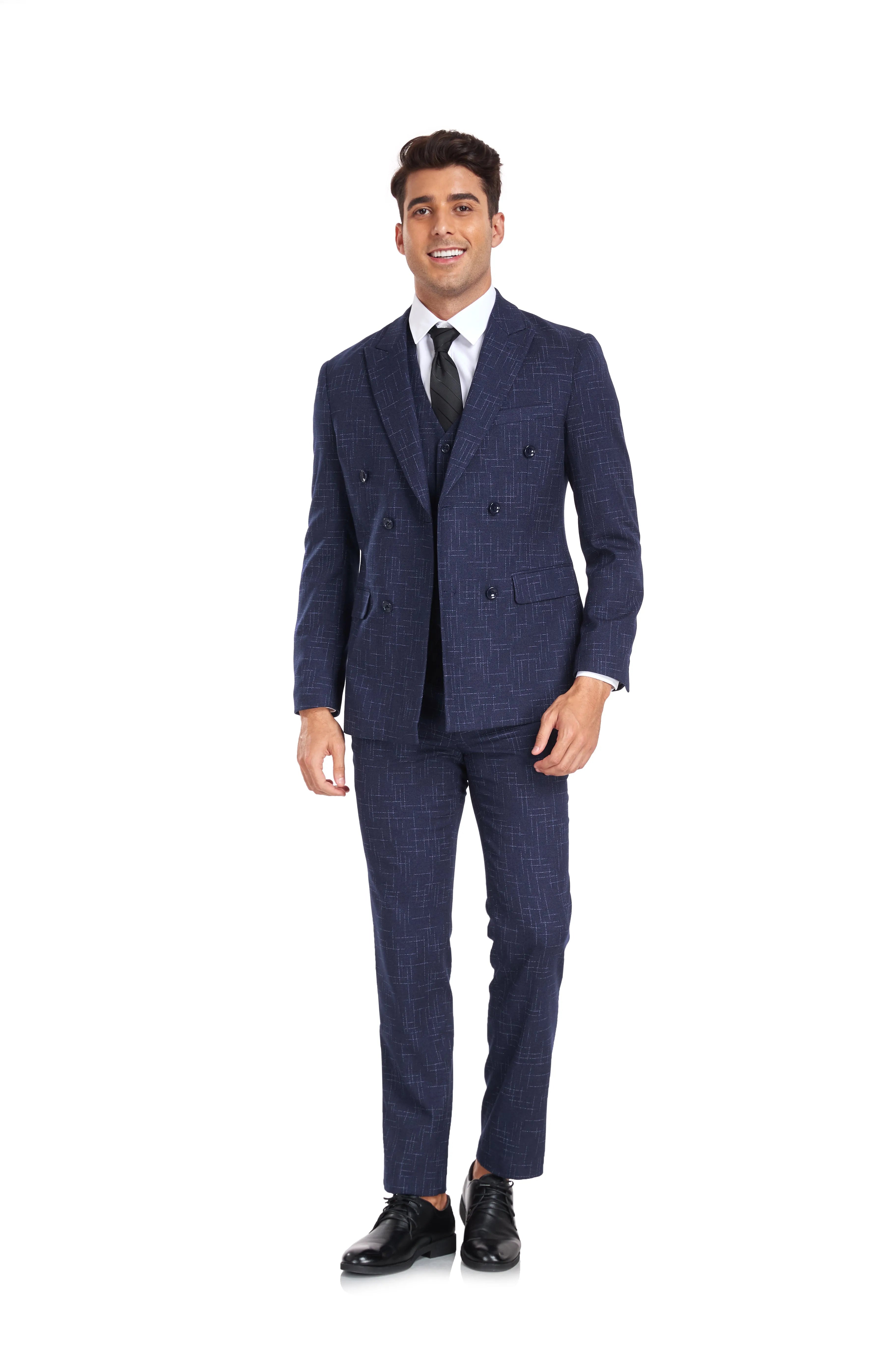 front view of navy slim fit 3 piece men's plaid suit with blazer, vest, and pants for weddings and business wear