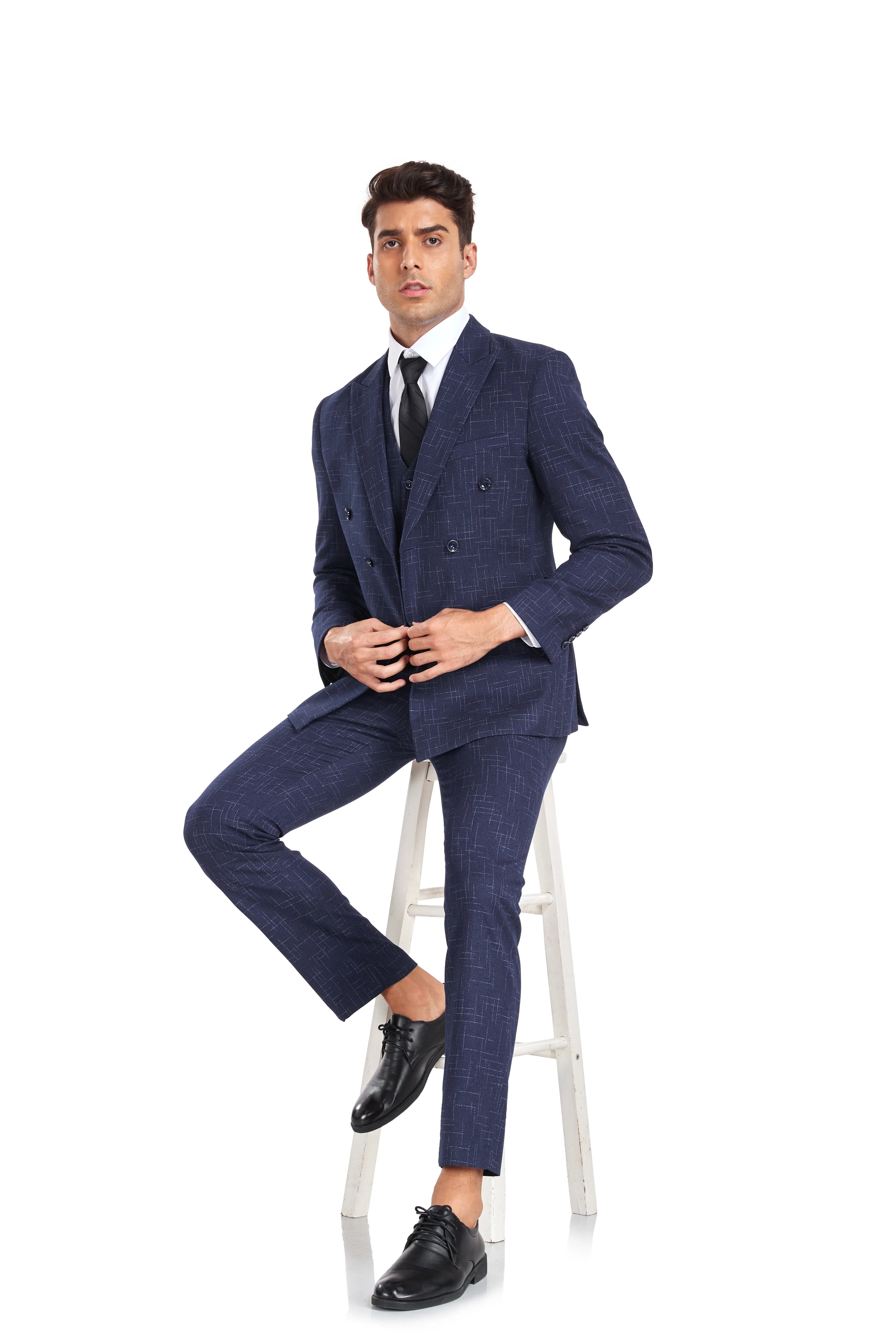 stylish navy slim fit 3 piece men's plaid suit for formal events and office style, tailored with modern plaid pattern