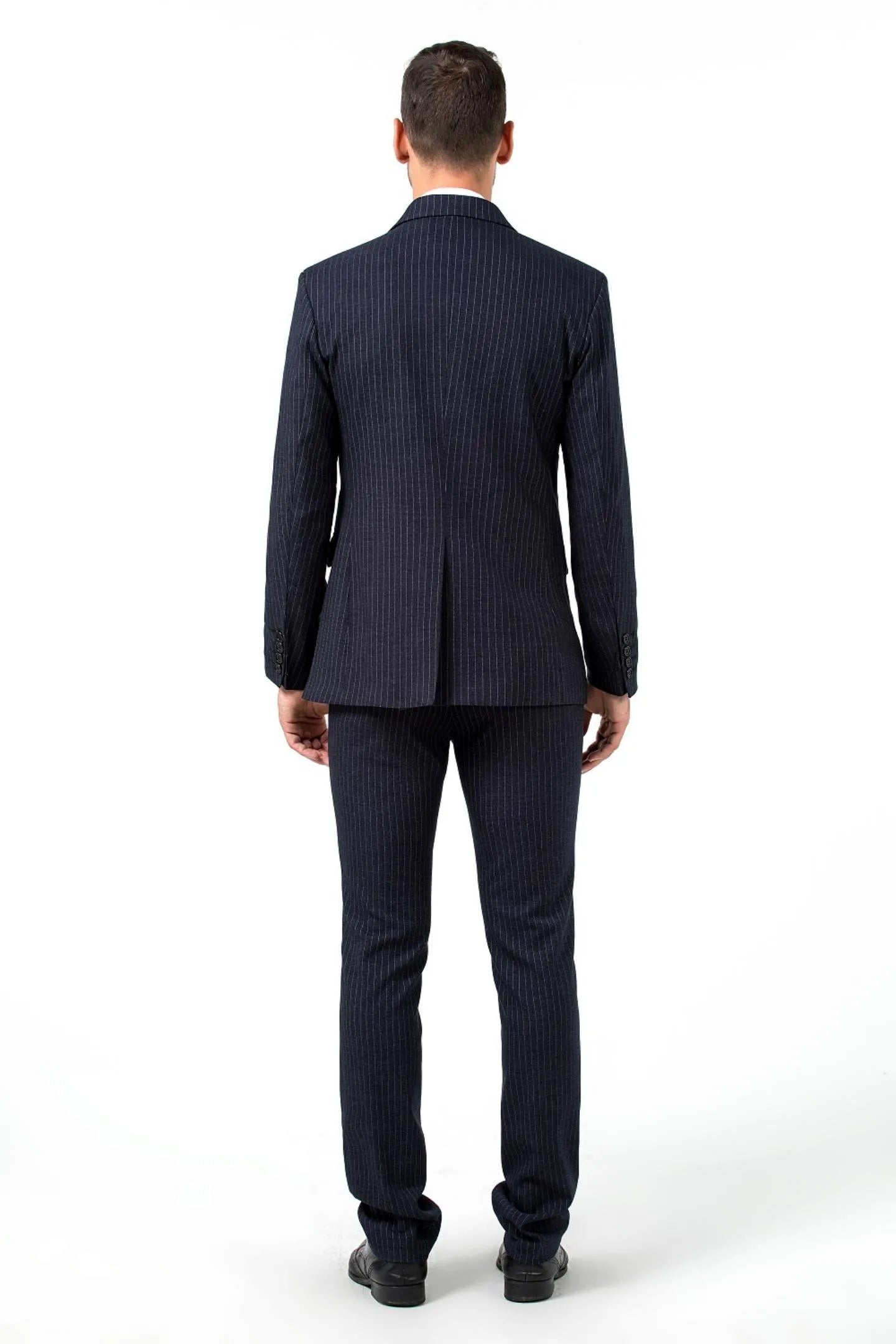 back view of navy slim fit pinstripe 3 piece men's suit – tailored design with sharp pinstripes for business and formal occasions.