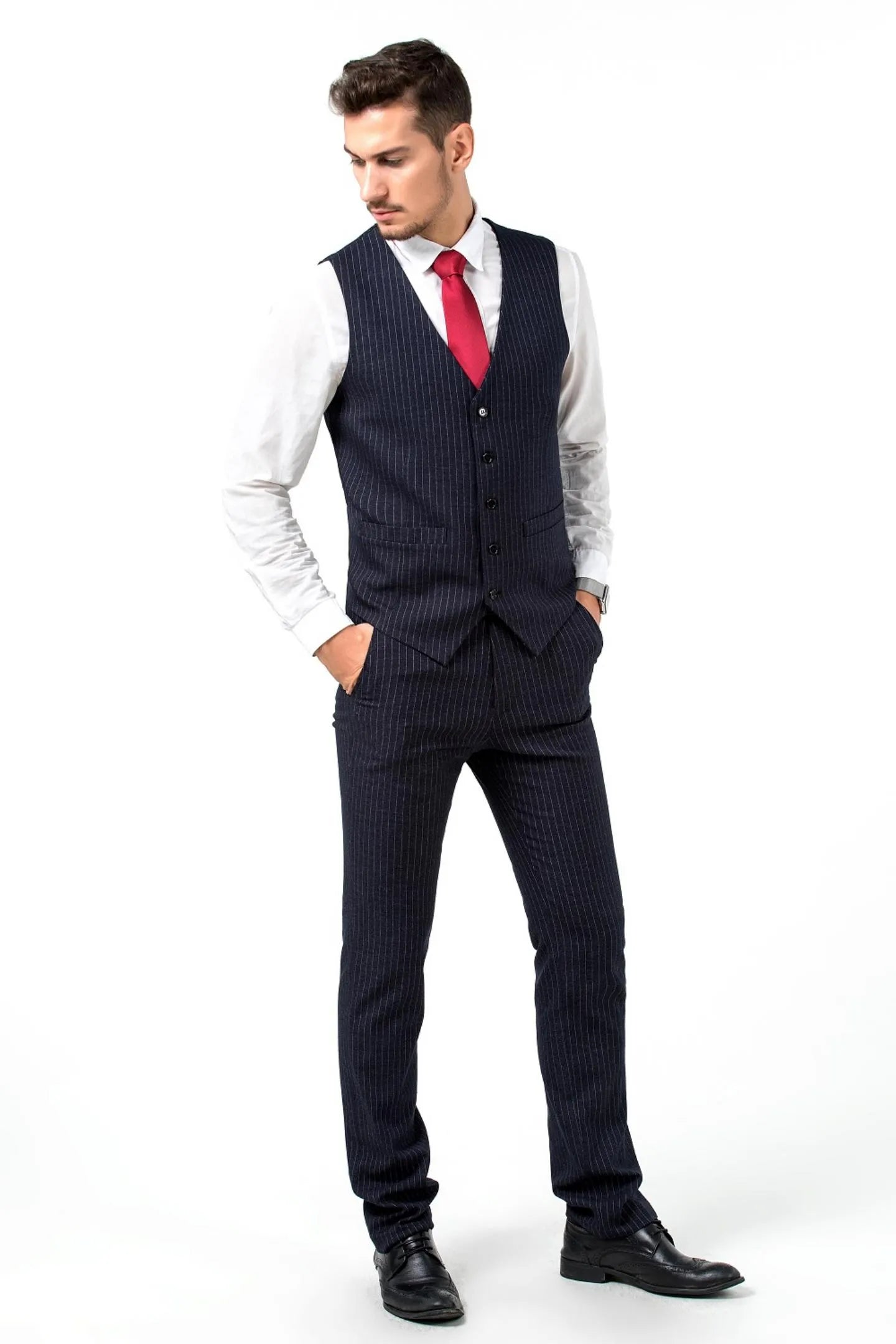 navy slim fit pinstripe 3 piece men's suit – vest and pants front view, ideal for professional and formal settings.