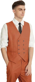 Load image into Gallery viewer, model wearing orange red double-breasted vest with matching trousers – classic tailored men's 3-piece suit set
