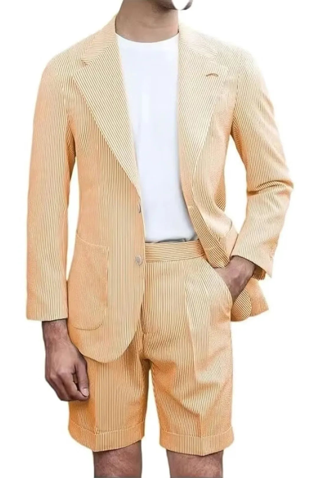 orange striped seersucker shorts suit for men – lightweight summer blazer with shorts