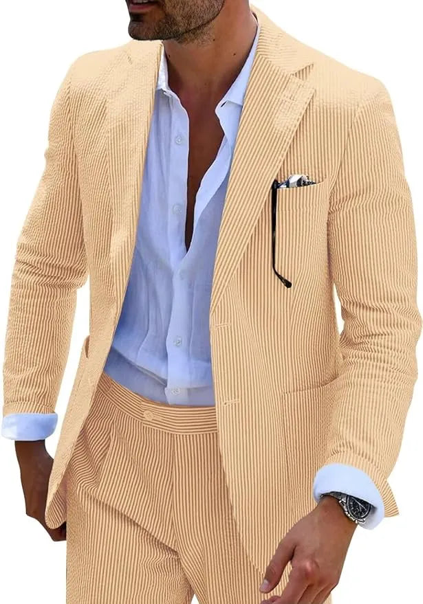 Close-up view of men's orange-and-white striped seersucker blazer with tailored design.