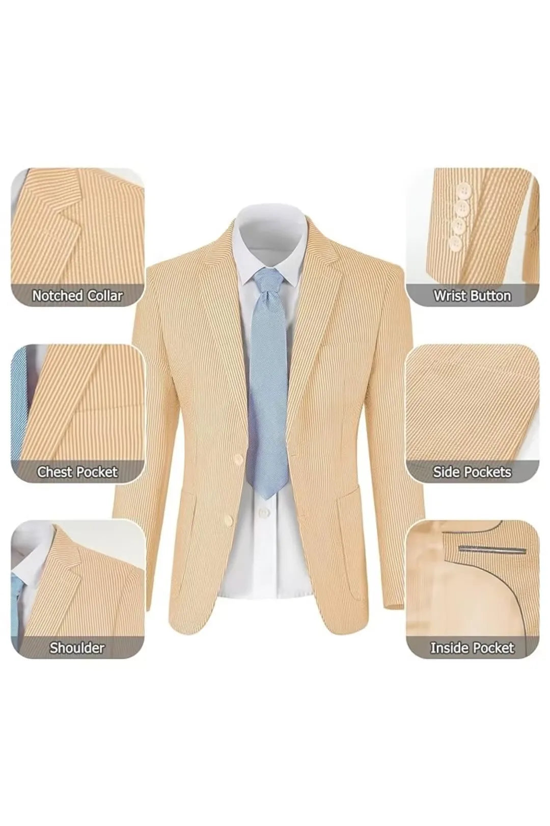 Orange-and-white seersucker blazer showcasing pockets, lapels, and textured fabric for comfort.