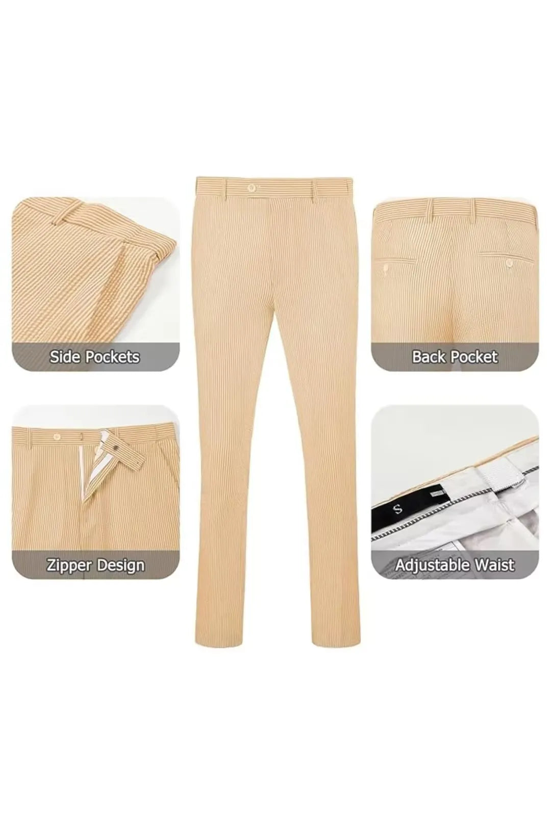 Orange-and-white striped seersucker pants with adjustable waist and zipper for a perfect summer fit.