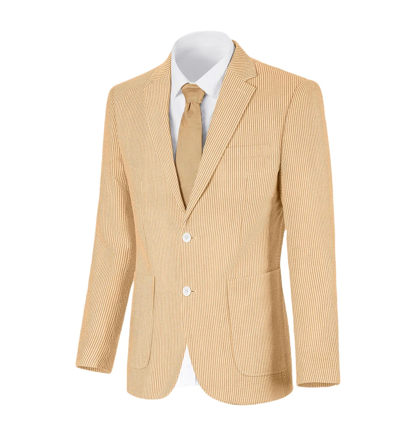 Orange-and-white striped seersucker blazer with a playful vibe, perfect for vibrant summer occasions.
