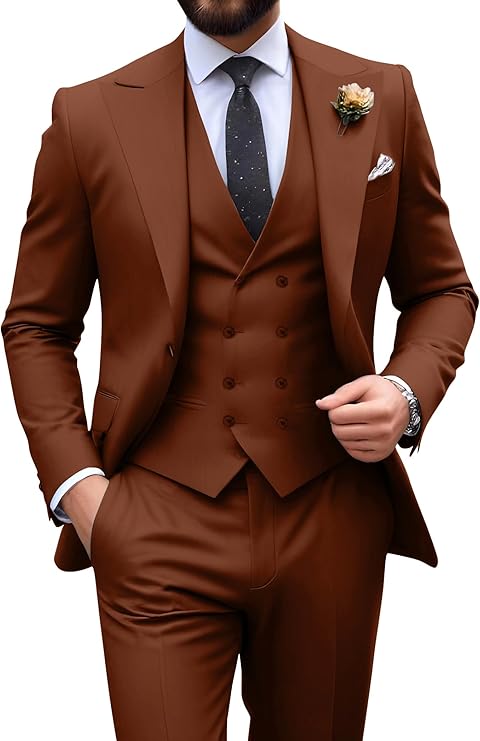 Men’s orange red tuxedo set with tailored fit blazer, formal vest, and dress pants – ideal for casual weddings or prom