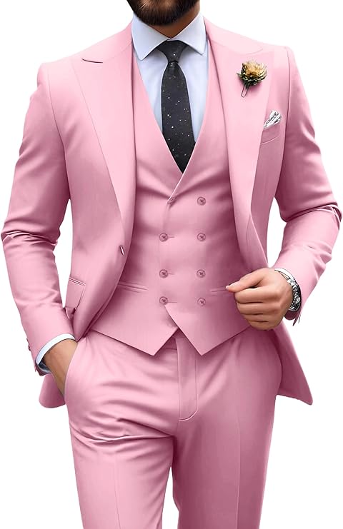 Men’s pink tuxedo set with tailored fit blazer, formal vest, and dress pants – ideal for casual weddings or prom