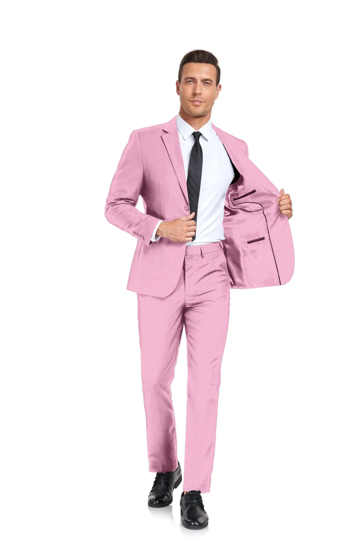 pink blazer and pants two button 2 piece men's suit, standout fashion-forward formal style