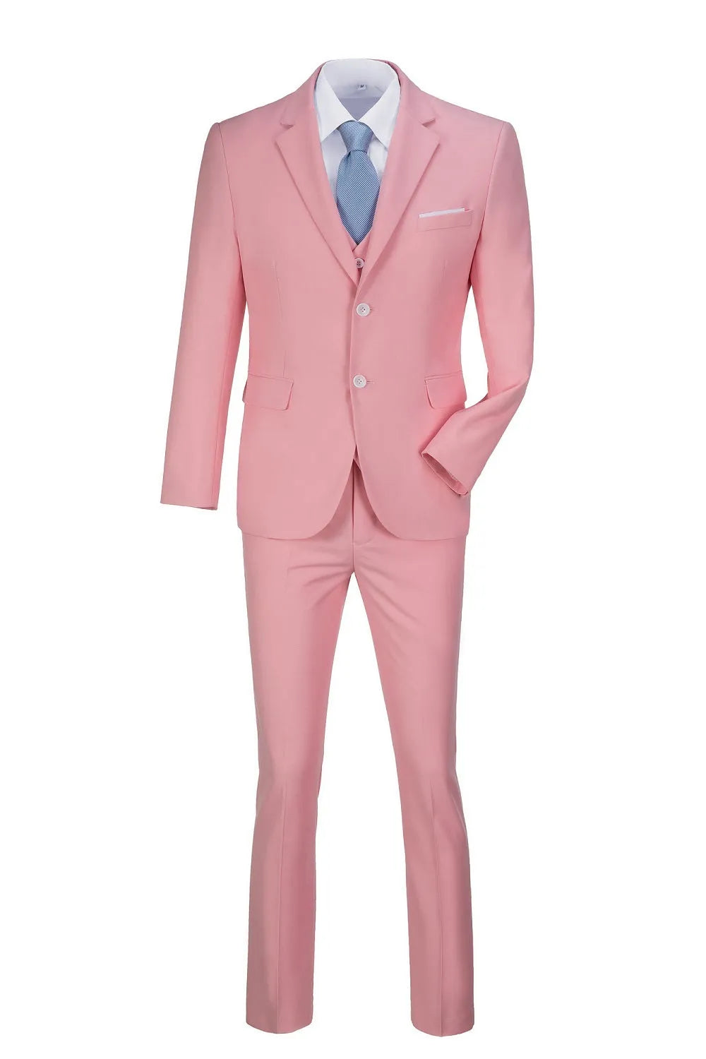 Front view of pink 3 piece men's suit – slim fit blazer, vest, and trousers for weddings and parties