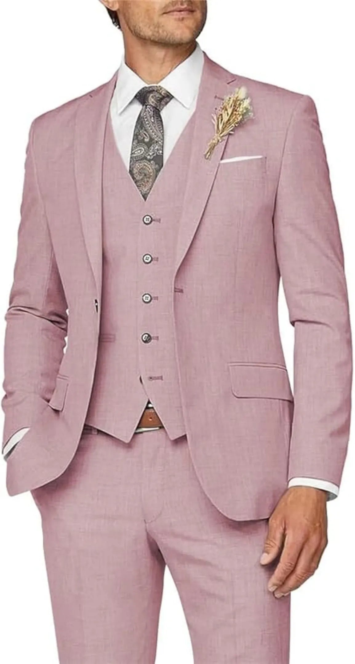 pink 3 piece suit for men: formal wedding prom outfit with slim blazer, vest, trousers & lapel flower