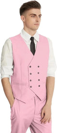 Load image into Gallery viewer, men's pink 3-piece formal suit – close-up of vest and trousers paired with white shirt and black tie