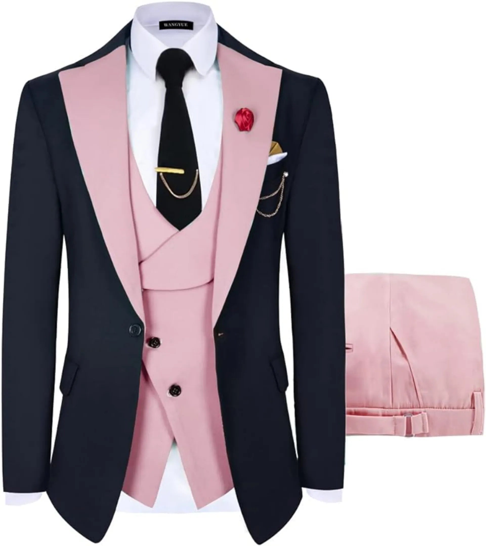 fashion slim fit wedding prom suit: pink & navy contrast 3-piece set, pink trousers, gold tie clip, romantic formal occasion wear