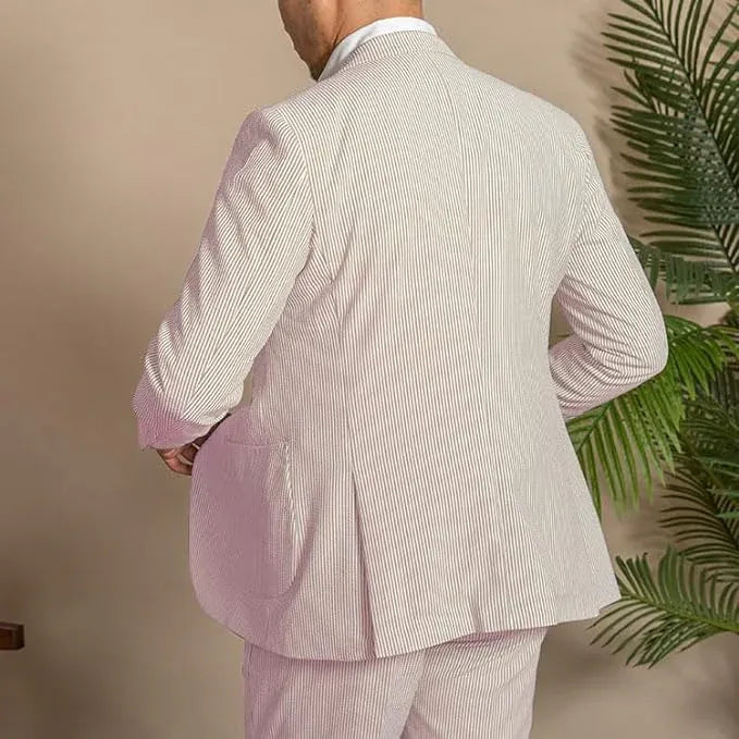 rear view of men's pink striped seersucker blazer from 2 piece summer shorts suit