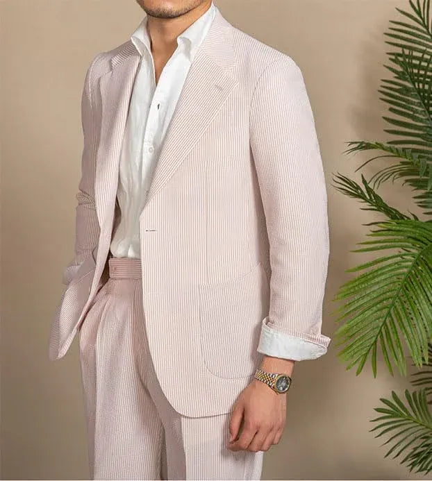 pink seersucker blazer and shorts set for men – classic summer tailoring front view