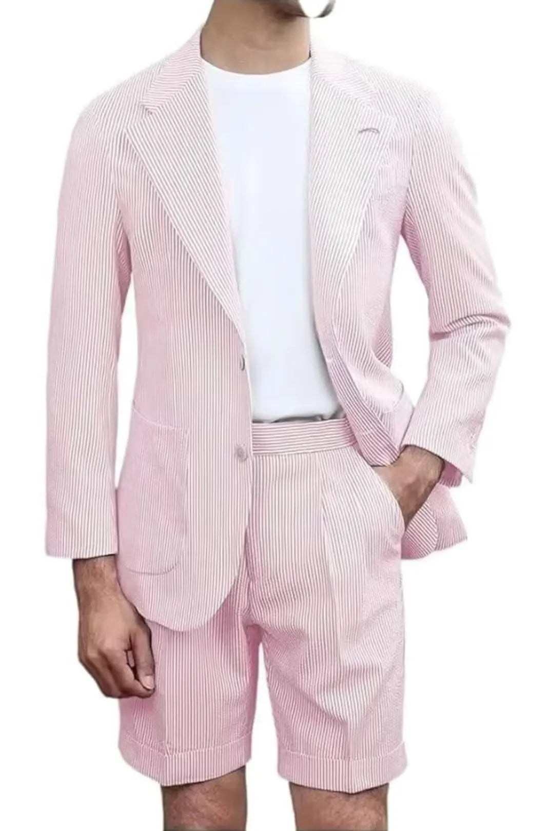 pink striped seersucker shorts suit for men – lightweight summer blazer with shorts