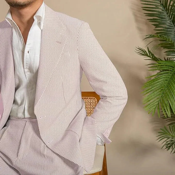 pink seersucker shorts suit with blazer for men – cool and stylish seasonal outfit