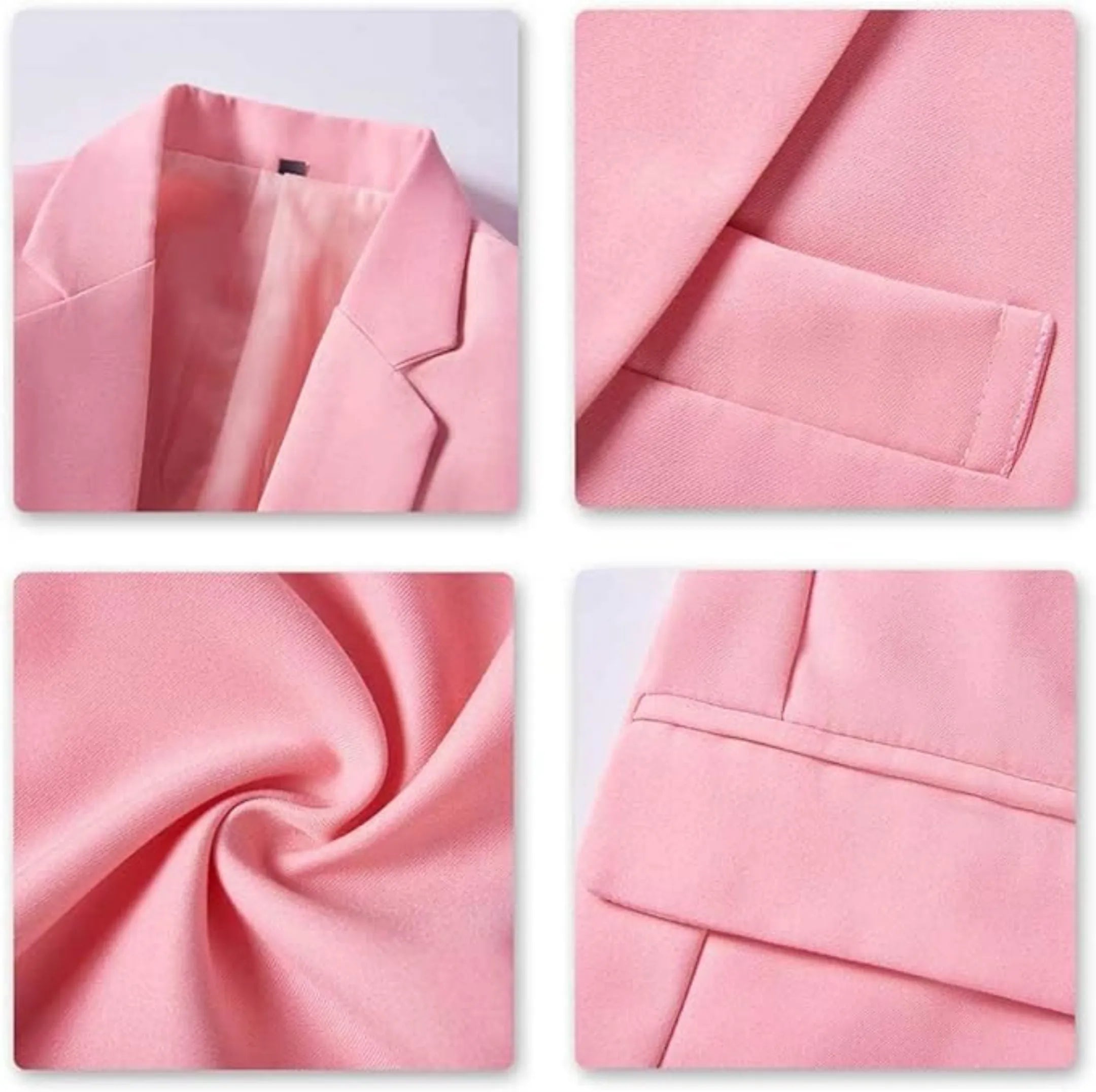 close-up of men's pink suit blazer, highlighting the lapel, pocket, and fabric texture of the single-breasted design.