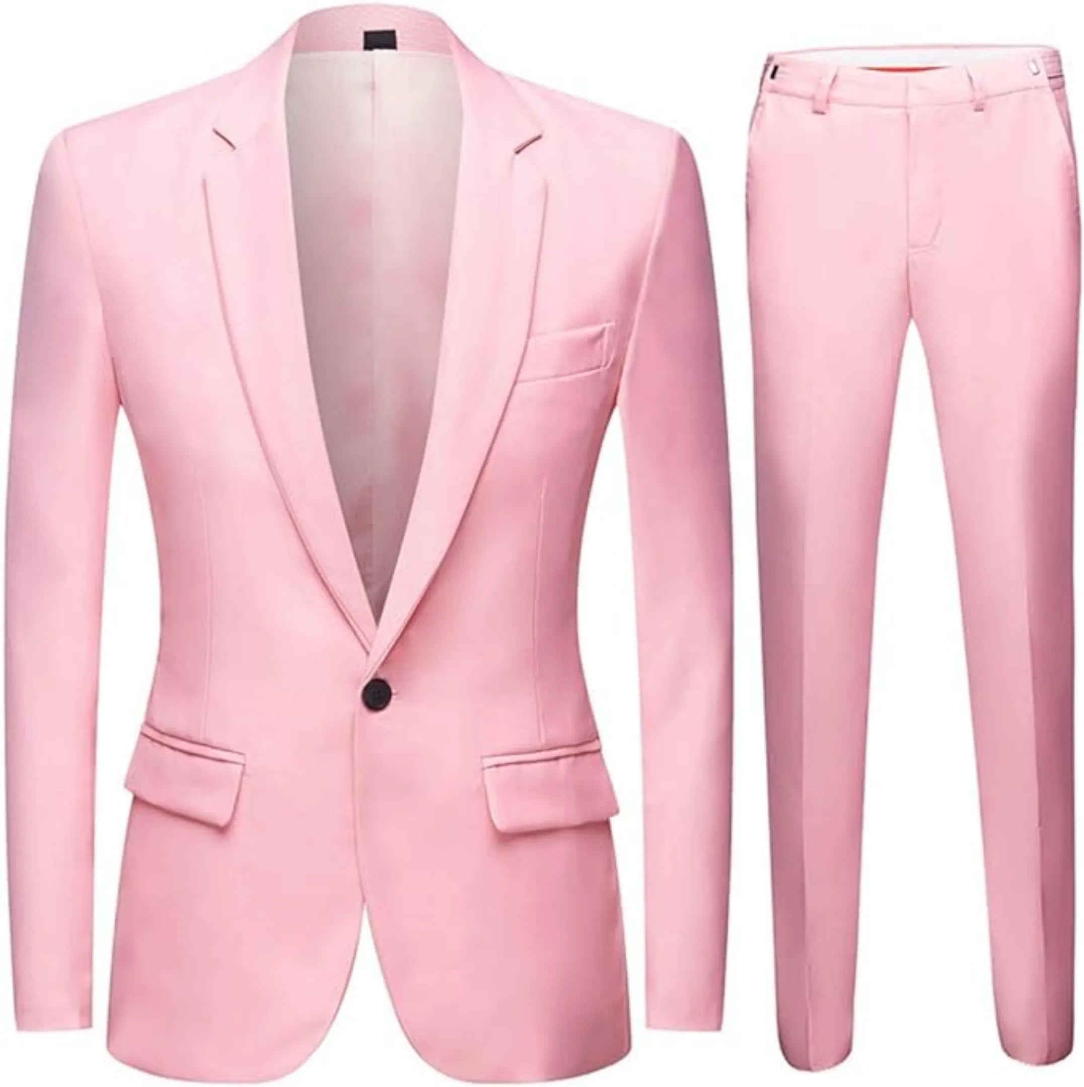 flat lay of men's pink single-breasted one button suit, showing the blazer and trousers with a smooth finish.