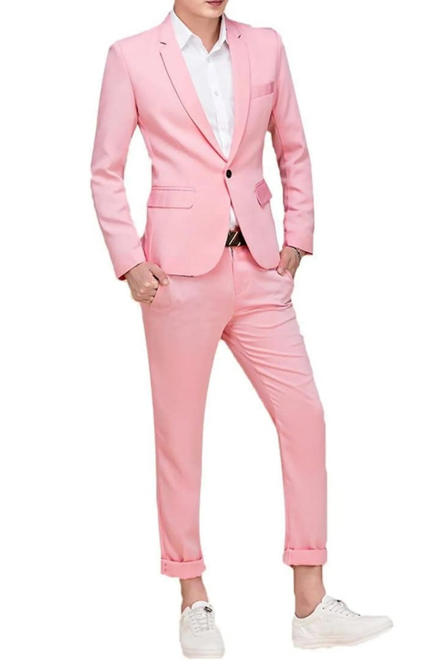 front view of men's pink single-breasted one button suit, featuring a tailored blazer and matching trousers for a casual yet formal look.