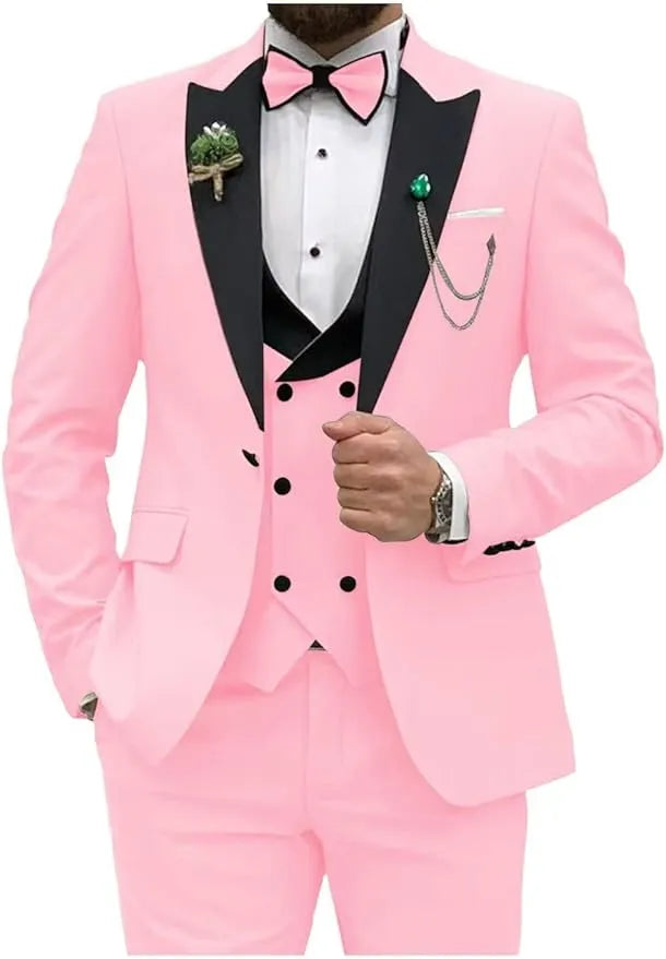 pink slim fit tuxedo suit for prom with chain and boutonniere