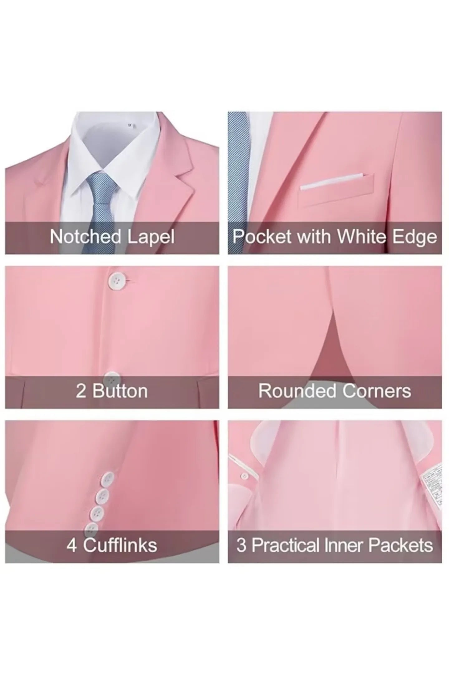 detail collage of pink suit – showcasing inner pockets, elastic waistband, flat seams, and belt loops for a tailored fit.