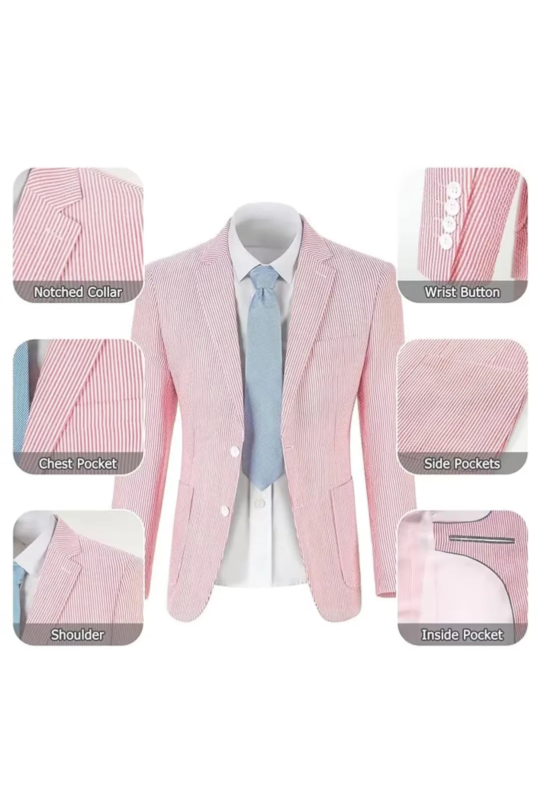 Pink-and-white seersucker blazer showing pockets, lapels, and breathable fabric texture for summer.