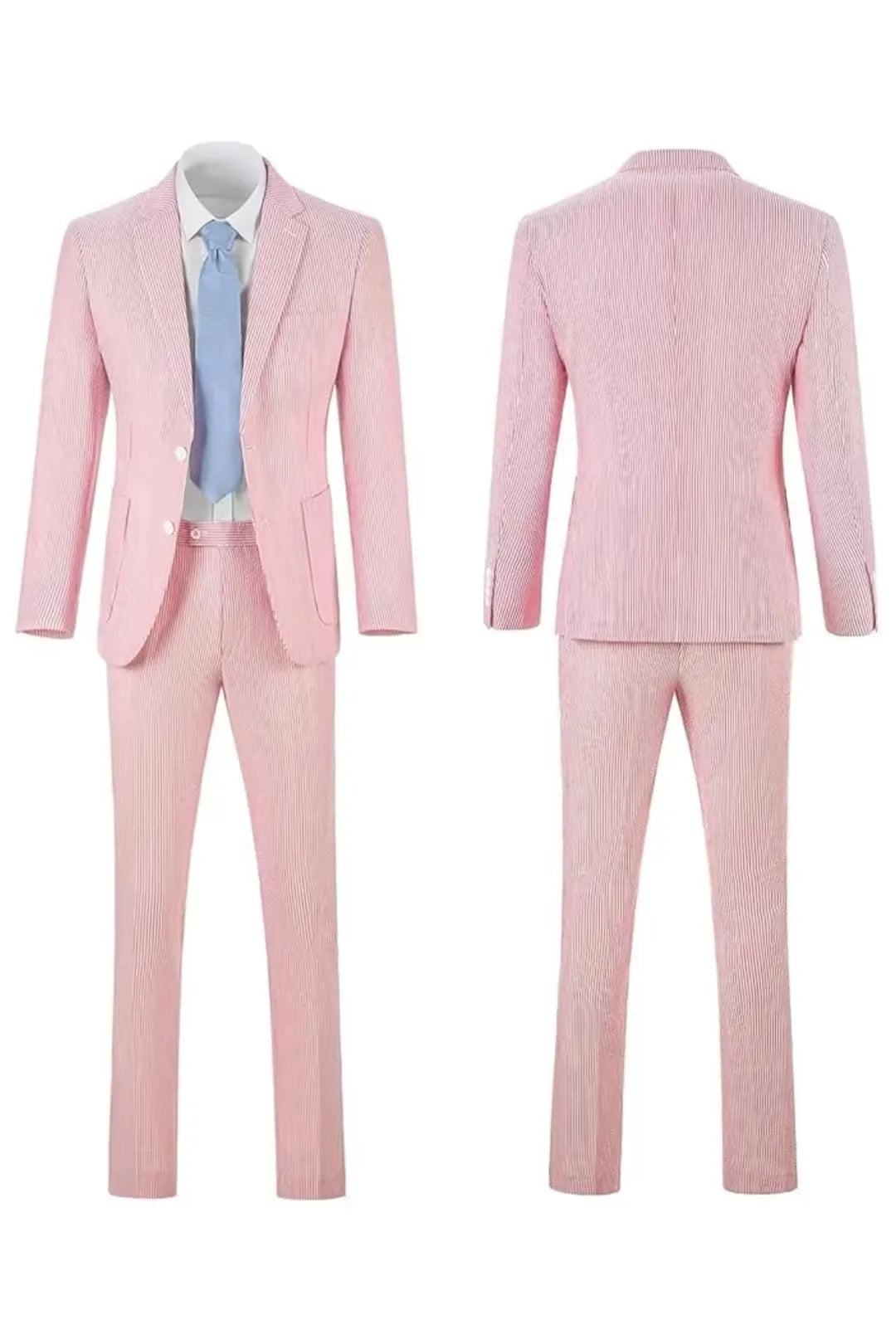 Full front and back view of a men's pink-and-white striped seersucker blazer set for summer occasions.