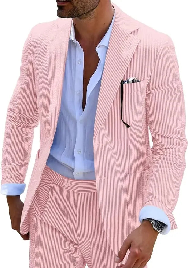 Pink-and-white striped seersucker blazer styled with a summer shirt for a playful, light look.