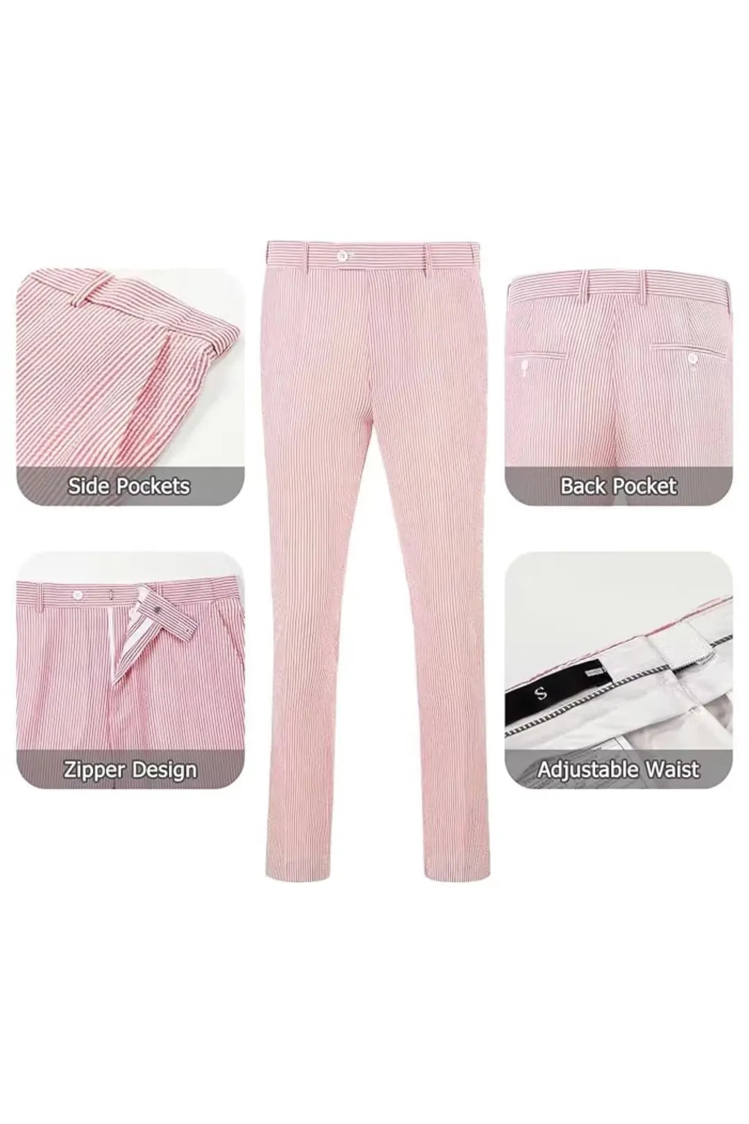 Pink-and-white striped seersucker pants with adjustable waist and zipper, designed for comfort.