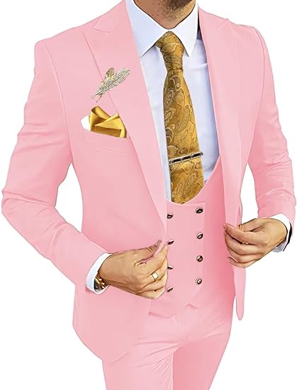 Men’s pink 3 piece tuxedo suit – double breasted slim fit for prom