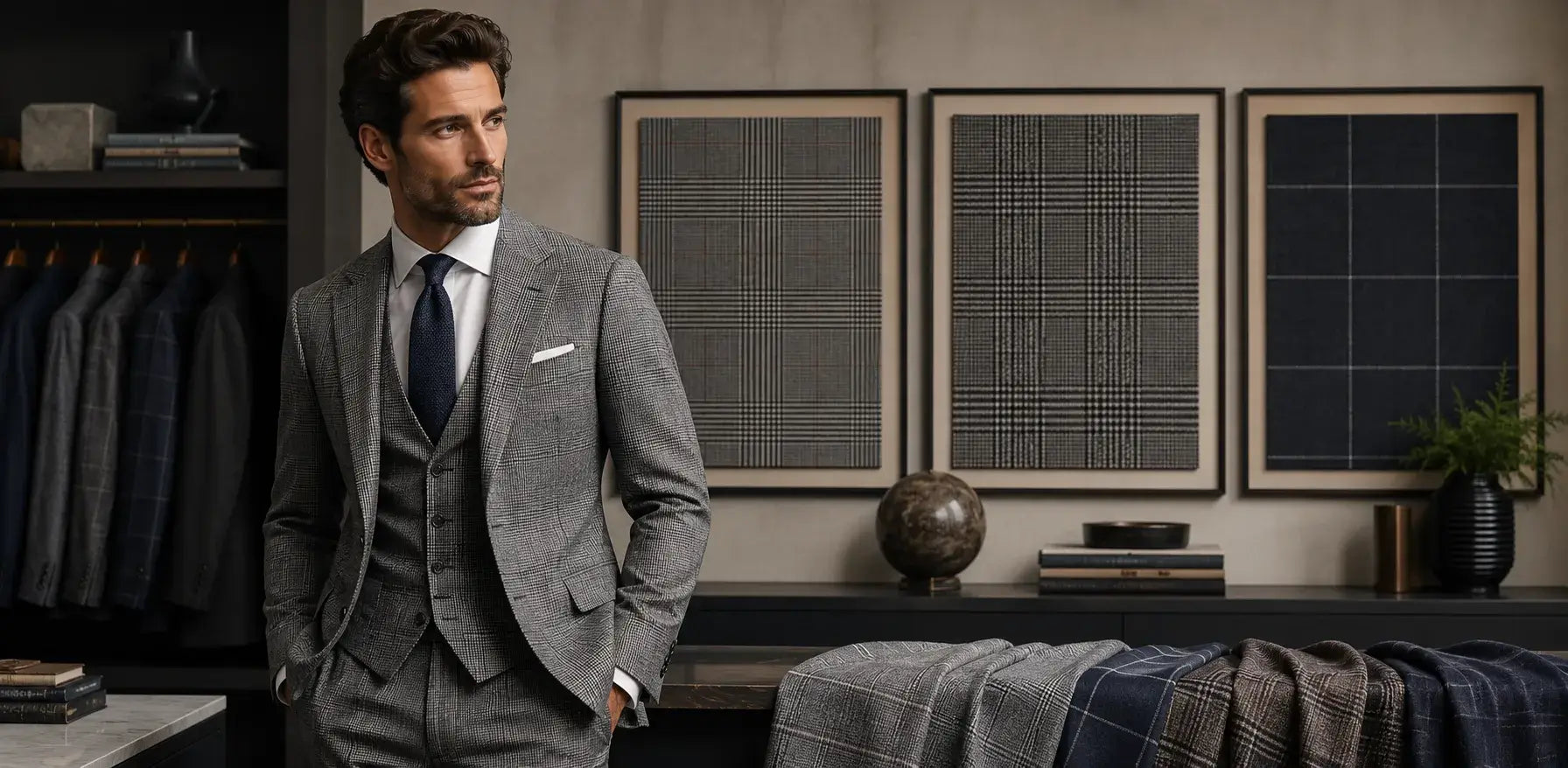 Men's plaid suit guide with check, glen plaid, and windowpane pattern samples.