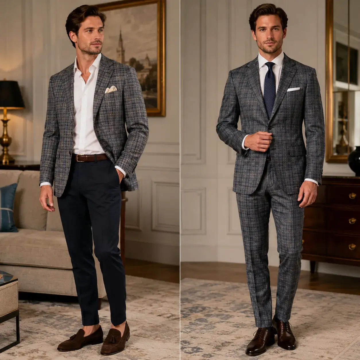 Plaid suit jacket with solid trousers compared with a full plaid suit for men.