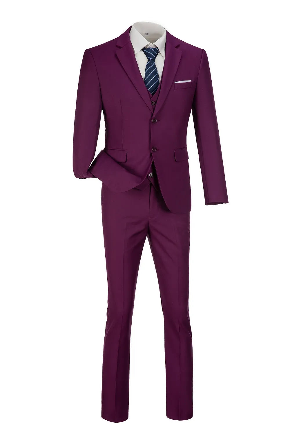 plum 3 piece men's suit featuring blazer, waistcoat, and pants – formal wedding attire for men